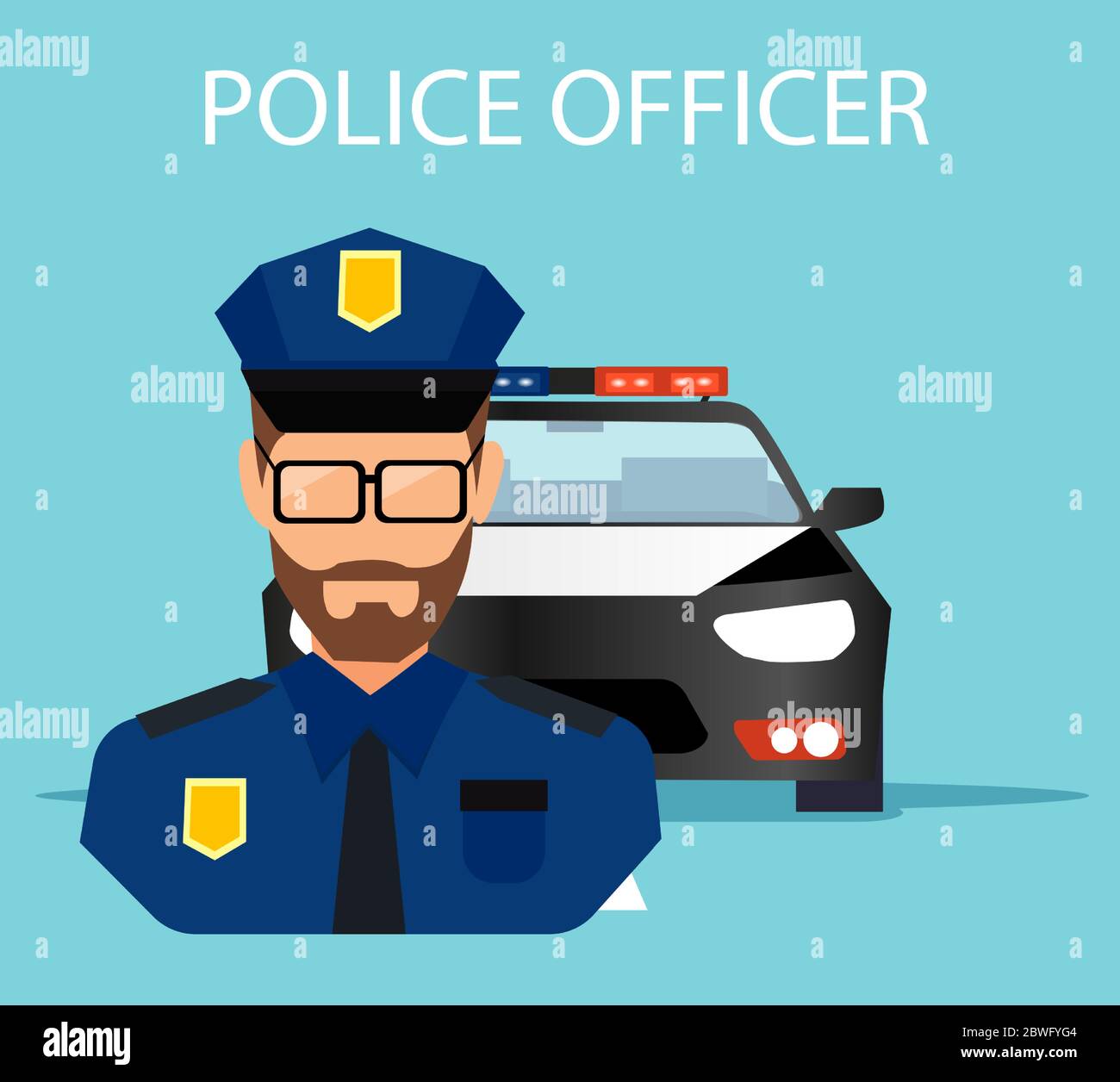 Vettore di un agente di polizia uomo con un'auto di servizio su uno sfondo. Illustrazione Vettoriale