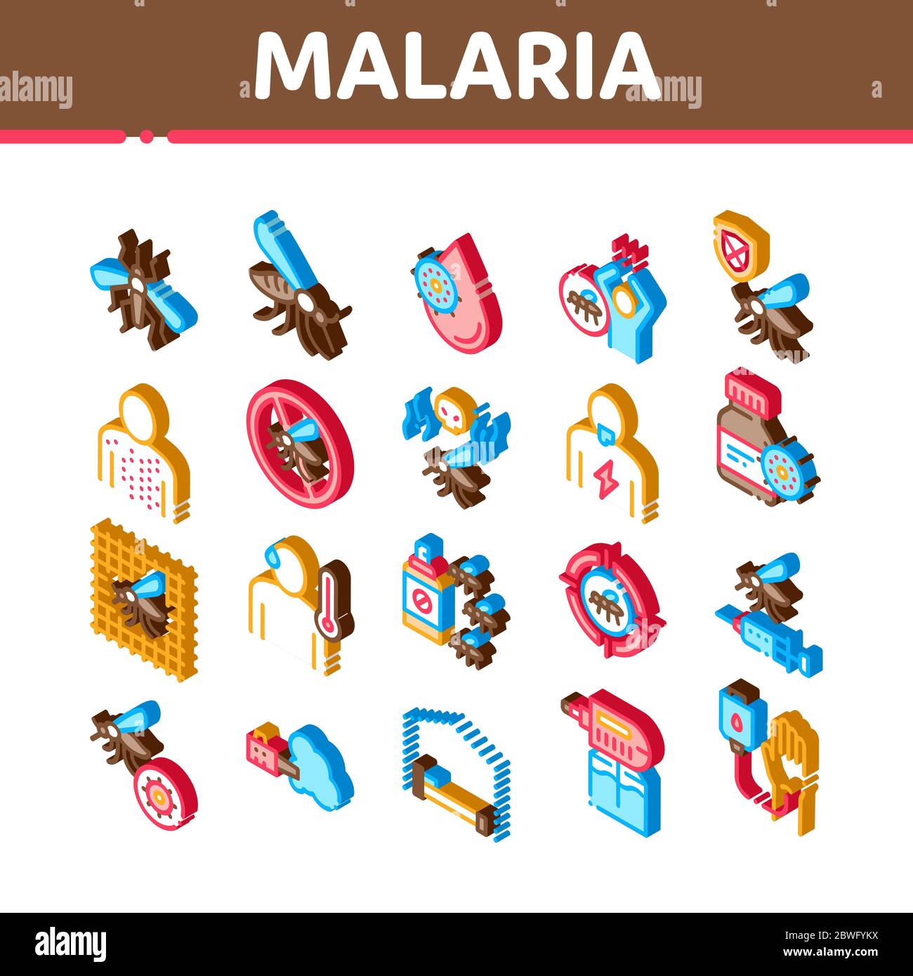Malaria malattia Dengue icone isometriche Set vettore Illustrazione Vettoriale