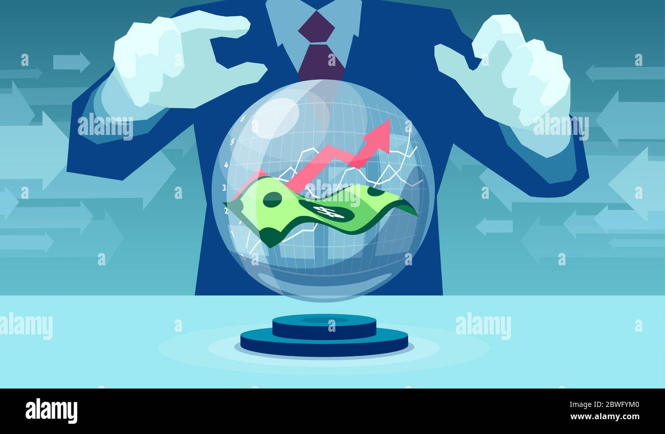 Vettore di un uomo d'affari che dà previsioni di mercato con la sfera di cristallo Illustrazione Vettoriale