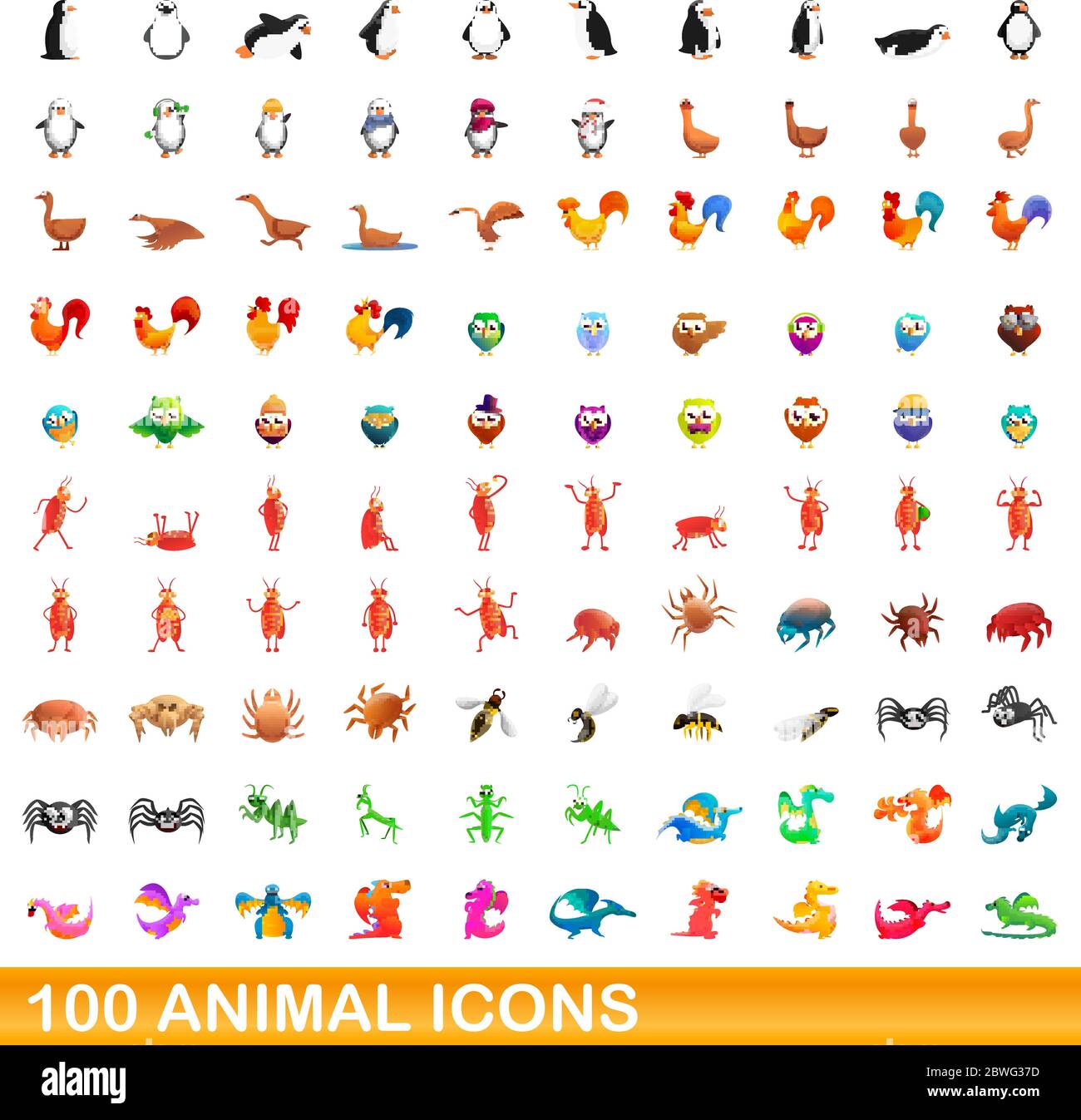 100 animali set di icone. Cartoon illustrazione di 100 icone animale set vettore isolato su sfondo bianco Illustrazione Vettoriale