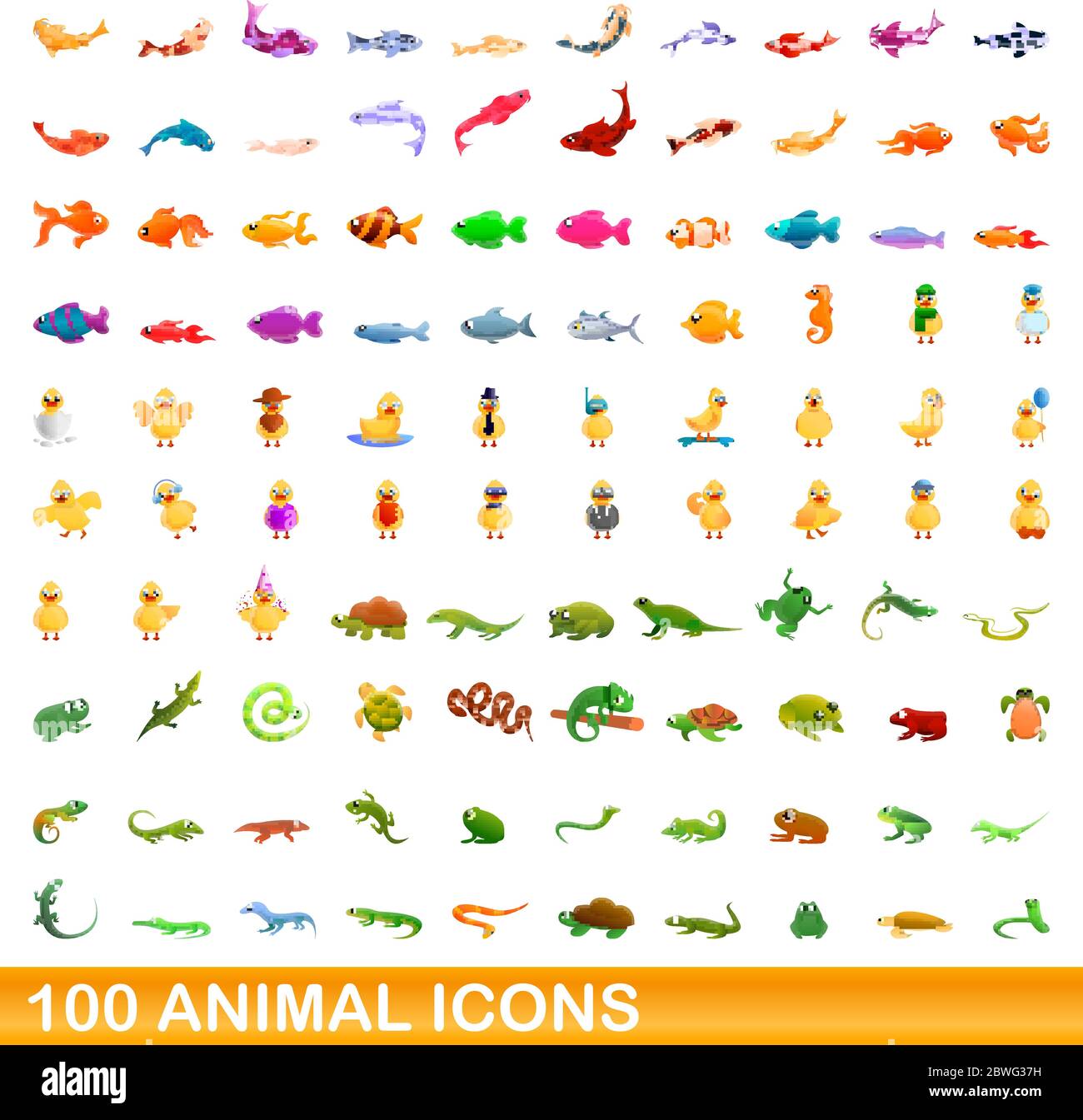 100 animali set di icone. Cartoon illustrazione di 100 icone animale set vettore isolato su sfondo bianco Illustrazione Vettoriale