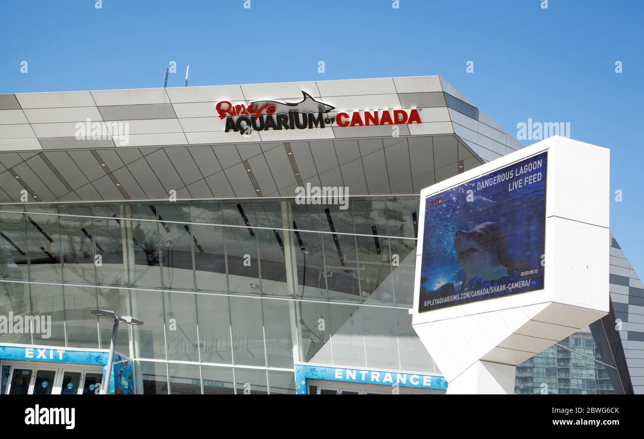 TORONTO, CANADA - 3 MAGGIO 2020: Ripley's Aquarium a casa. Simbolo Dangerous Lagoon per i mangimi vivi in cima all'ingresso dell'edificio durante Coronavir Foto Stock