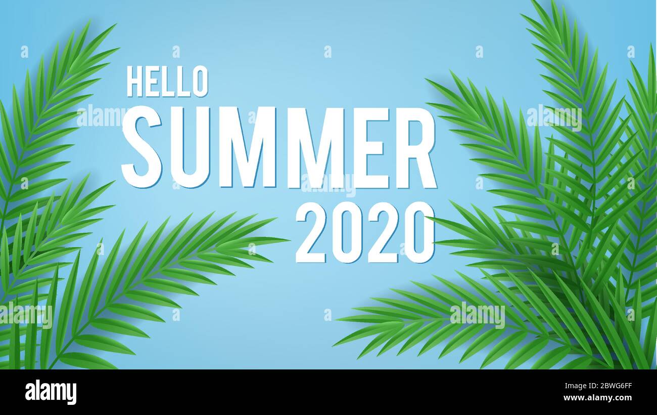 Iscrizione bianca estate e palma realistiche isolate su sfondo blu, vista dall'alto. Modello di illustrazione vettoriale per prodotti, pubblicità Illustrazione Vettoriale