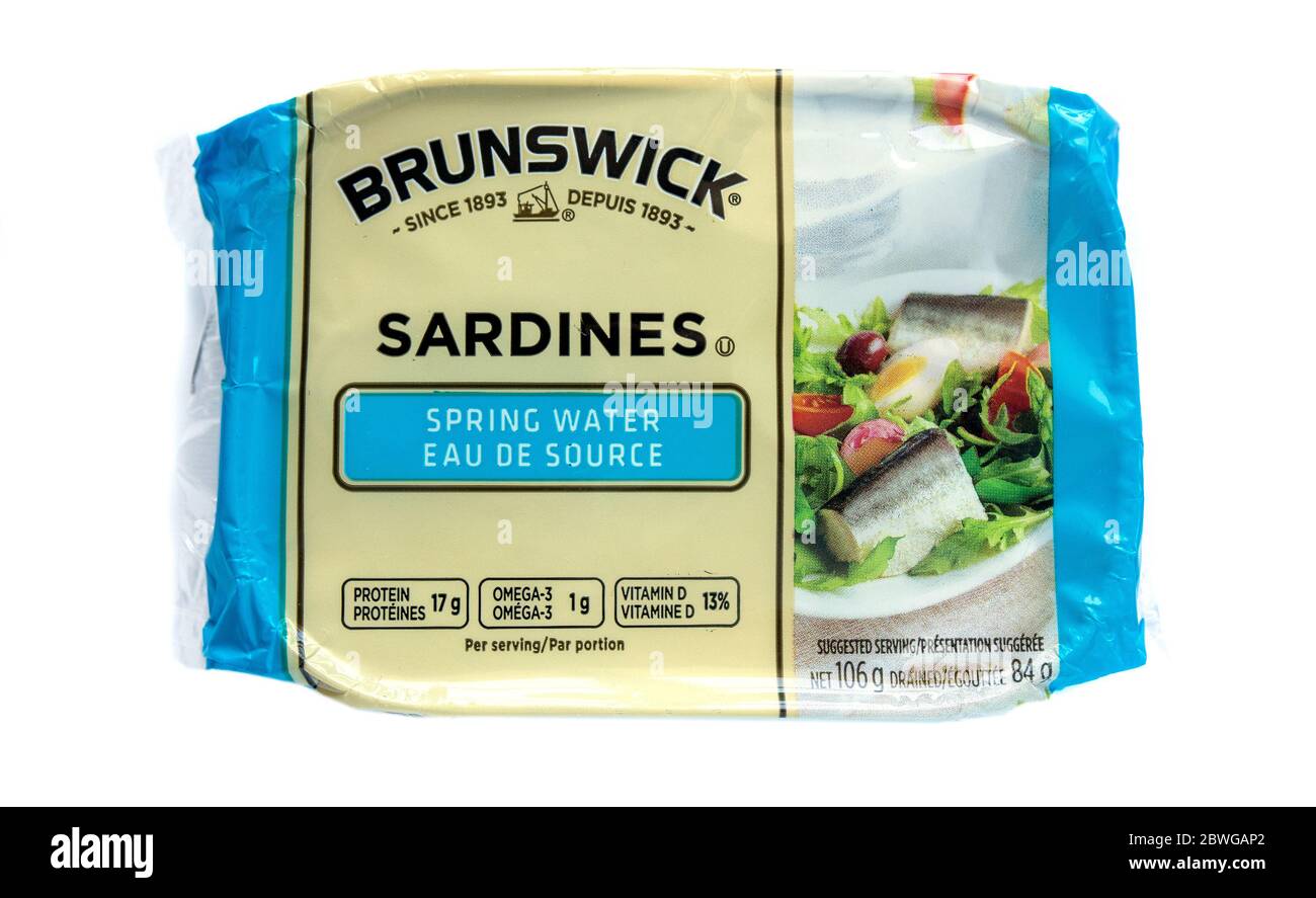 Lattina al dettaglio di Brunswick Canadian Sardines tagliata su uno sfondo bianco Foto Stock