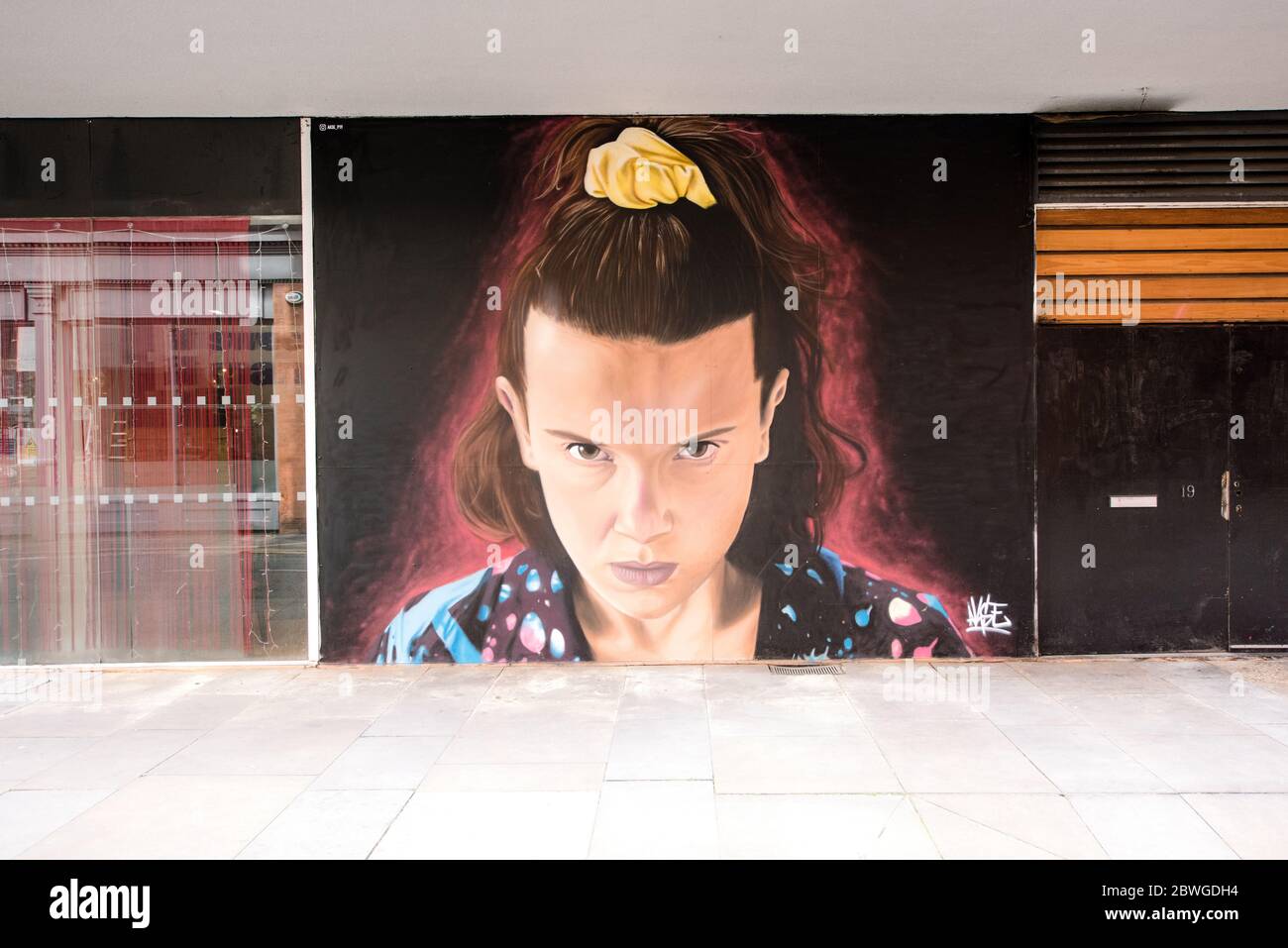 Murale di Eleven da Stranger Things di Akse p19. Norther Quarter, Manchester. Foto Stock