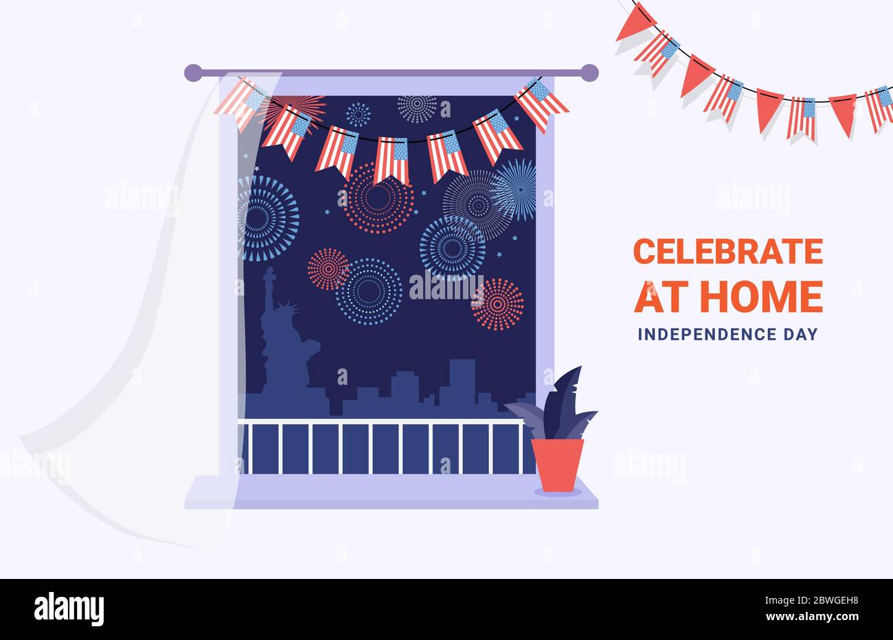Celebrazione della giornata dell'indipendenza dell'america a casa . 4 luglio celebrazione. casa decorata con bandiere usa con finestra aperta e uno skyline della città con Illustrazione Vettoriale