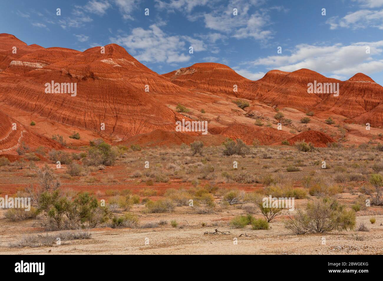 Terreni estremi e formazioni geologiche rosse nell'area delle Montagne di Aktau, conosciuta anche come Montagne bianche, in Kazakistan Foto Stock
