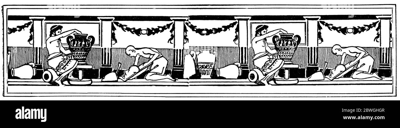 Scene di vita antica, separatore di capitolo in un libro. Illustrazione del 19 ° secolo. Sfondo bianco. Foto Stock