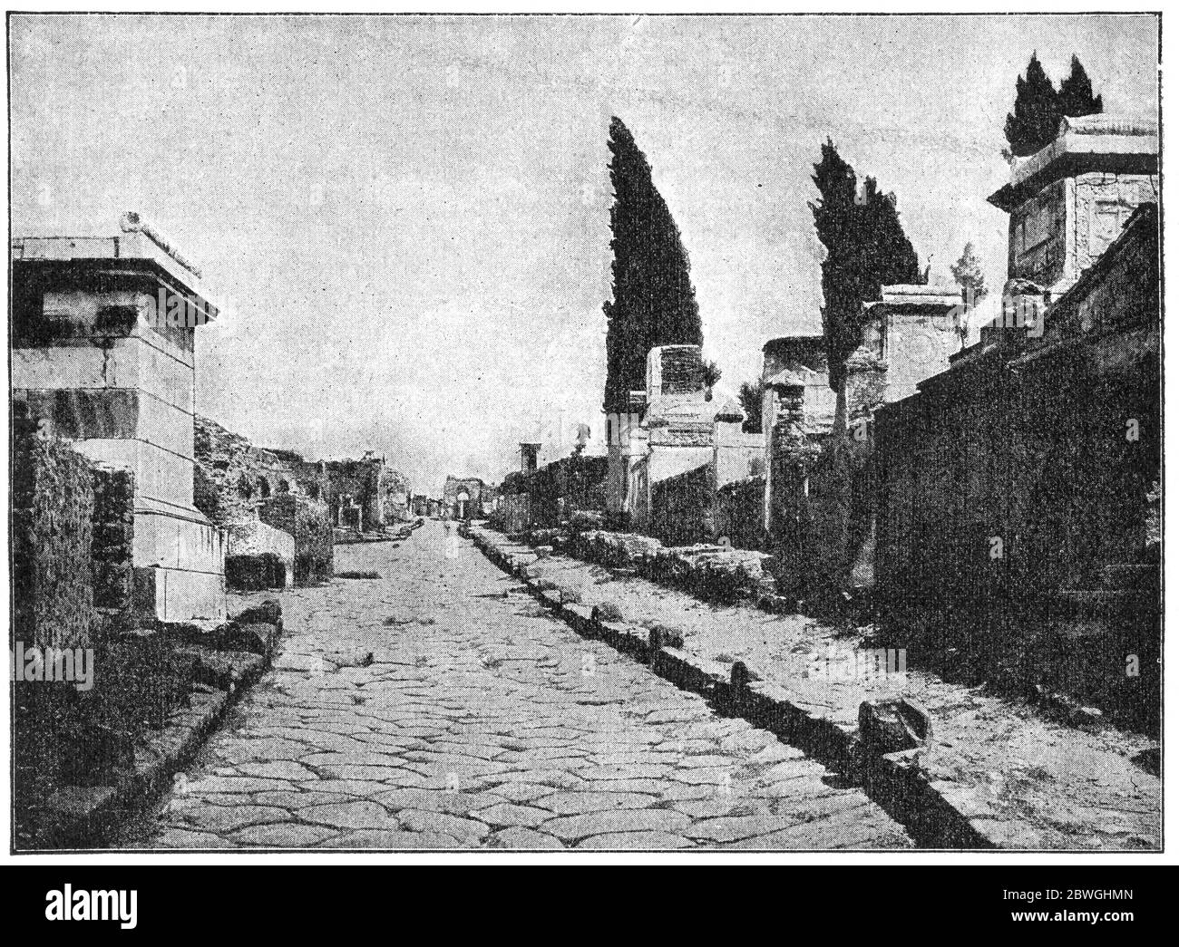 Le strade di Pompei. La città fu distrutta e sepolta sotto cenere vulcanica e pomice nell'eruzione del Vesuvio nel 79 d.C. Foto Stock