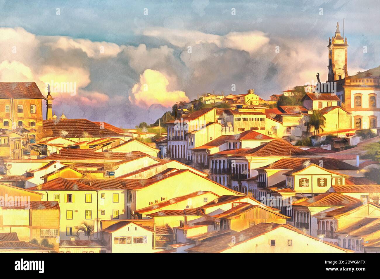 Paesaggio urbano della città vecchia pittura colorata, Ouro Preto, stato di Minas Gerais, Brasile Foto Stock
