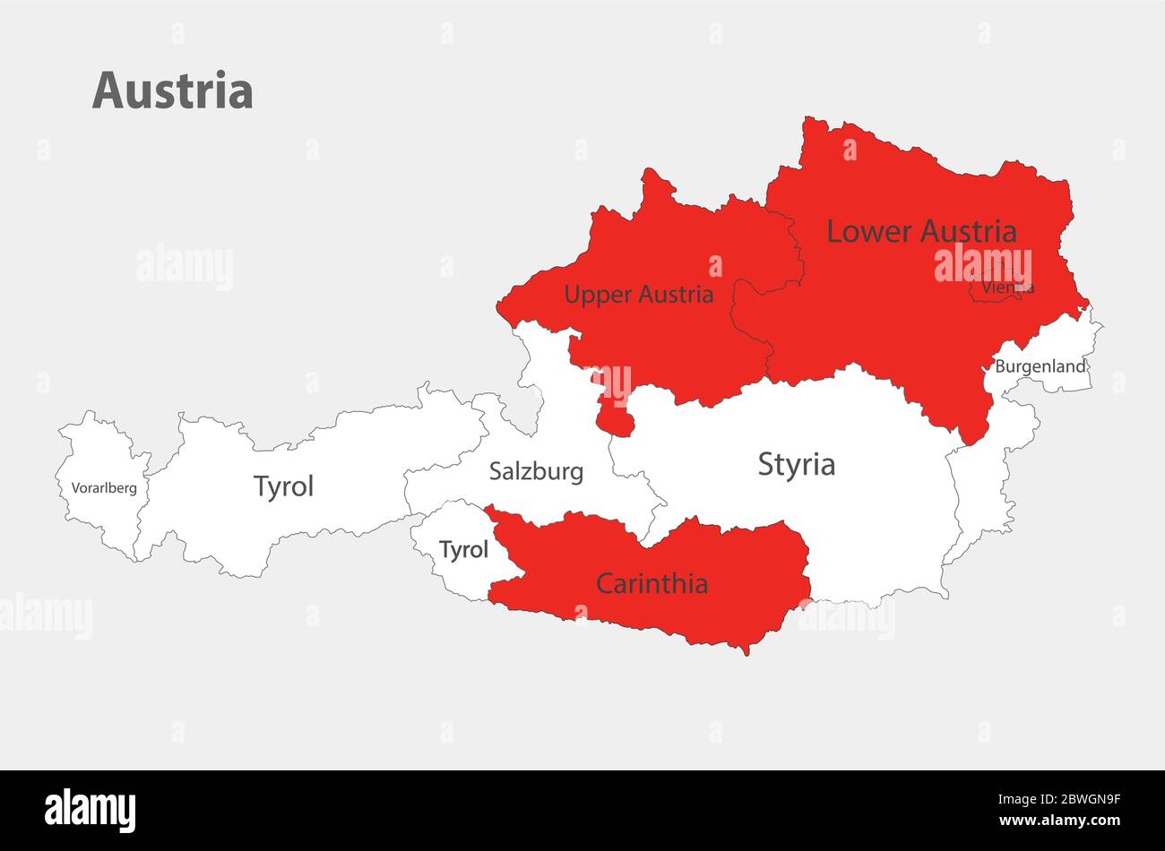 Mappa dell'Austria nei colori della bandiera con vettore divisioni amministrative Illustrazione Vettoriale