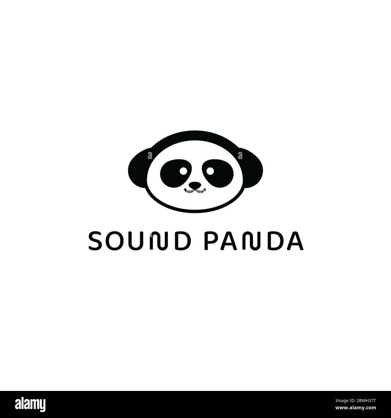 Logo dell'app Sound Panda. Simbolo dell'applicazione di riproduzione musicale. Icona di registrazione della colonna sonora. Segnale cuffie audio, cuffie. Stampa di animali asiatici isolati Illustrazione Vettoriale