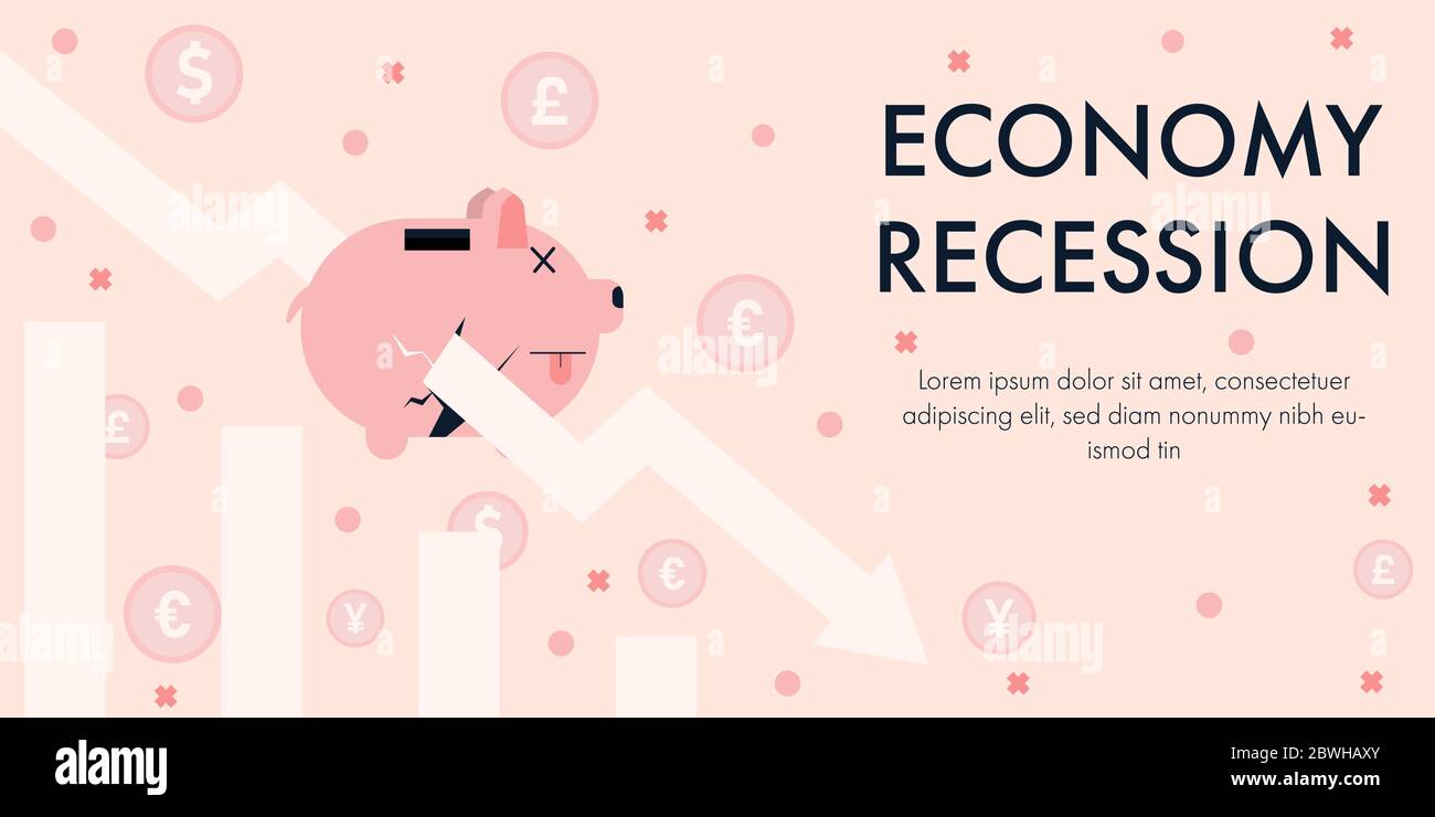 Concetto economia recessione vettore illustrazione con freccia verso il basso attraverso la banca piggy morti e Dollaro, sterline, euro e Yen monete. Illustrazione Vettoriale