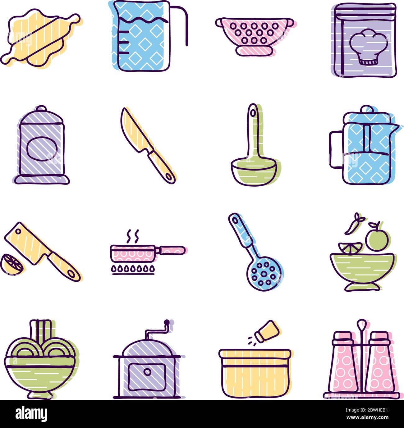 Cucina e cucina linea e riempimento stile icona Set vettoriale Illustrazione Vettoriale