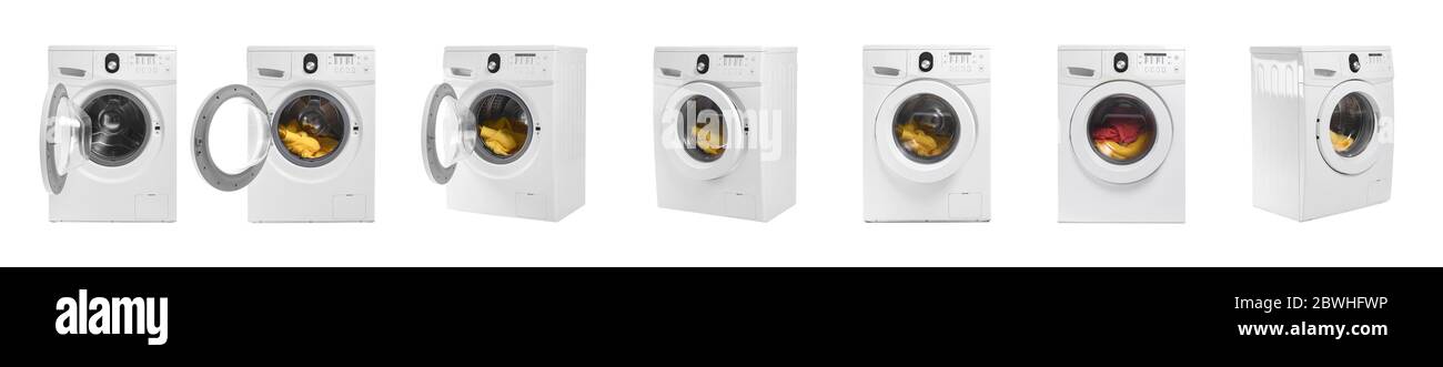 Set di moderne lavatrici su sfondo bianco Foto Stock