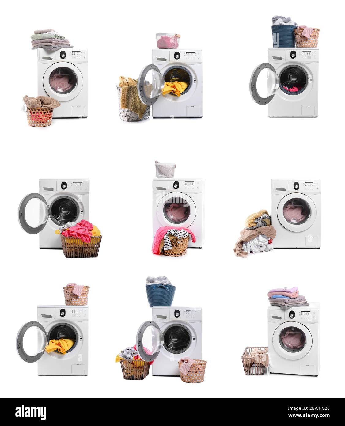 Set di moderne lavatrici su sfondo bianco Foto Stock