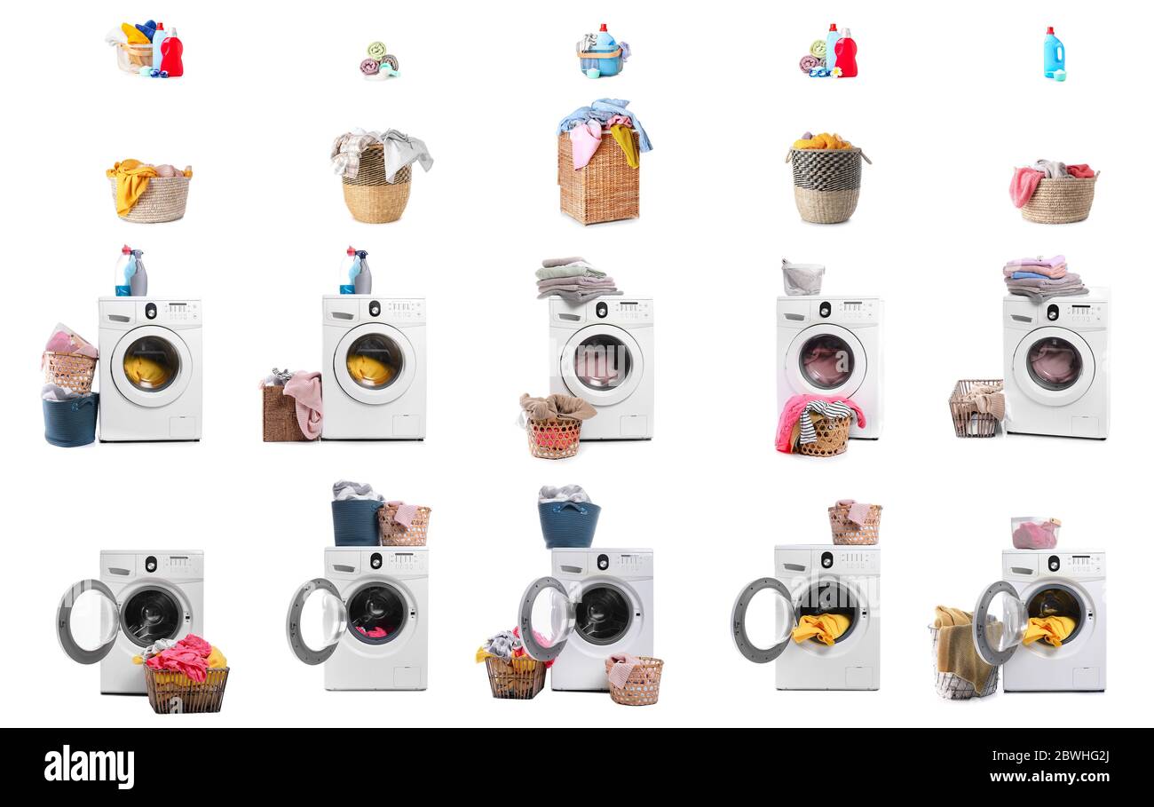 Set di moderne lavatrici e cestini per la lavanderia su sfondo bianco Foto Stock