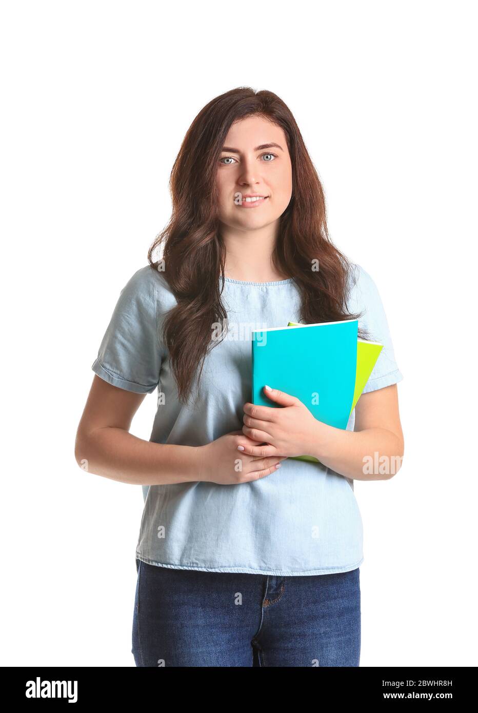 Insegnante femminile su sfondo bianco Foto Stock