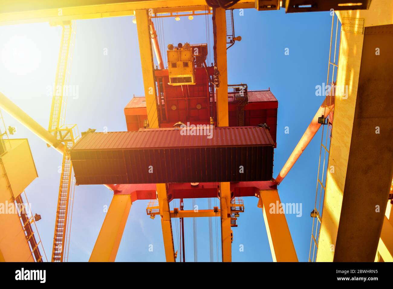 Logistica dei container, carico di gru di banchina e scarico del container di carico dalla nave. Operazioni portuali. Foto Stock