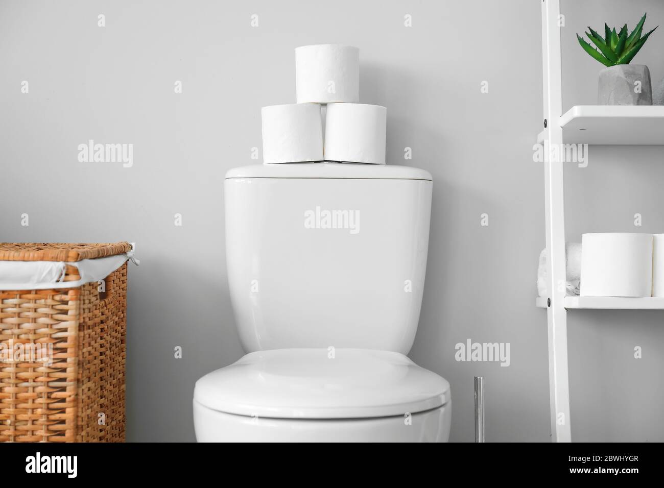 Recipiente per WC e rotoli di carta in bagno Foto Stock