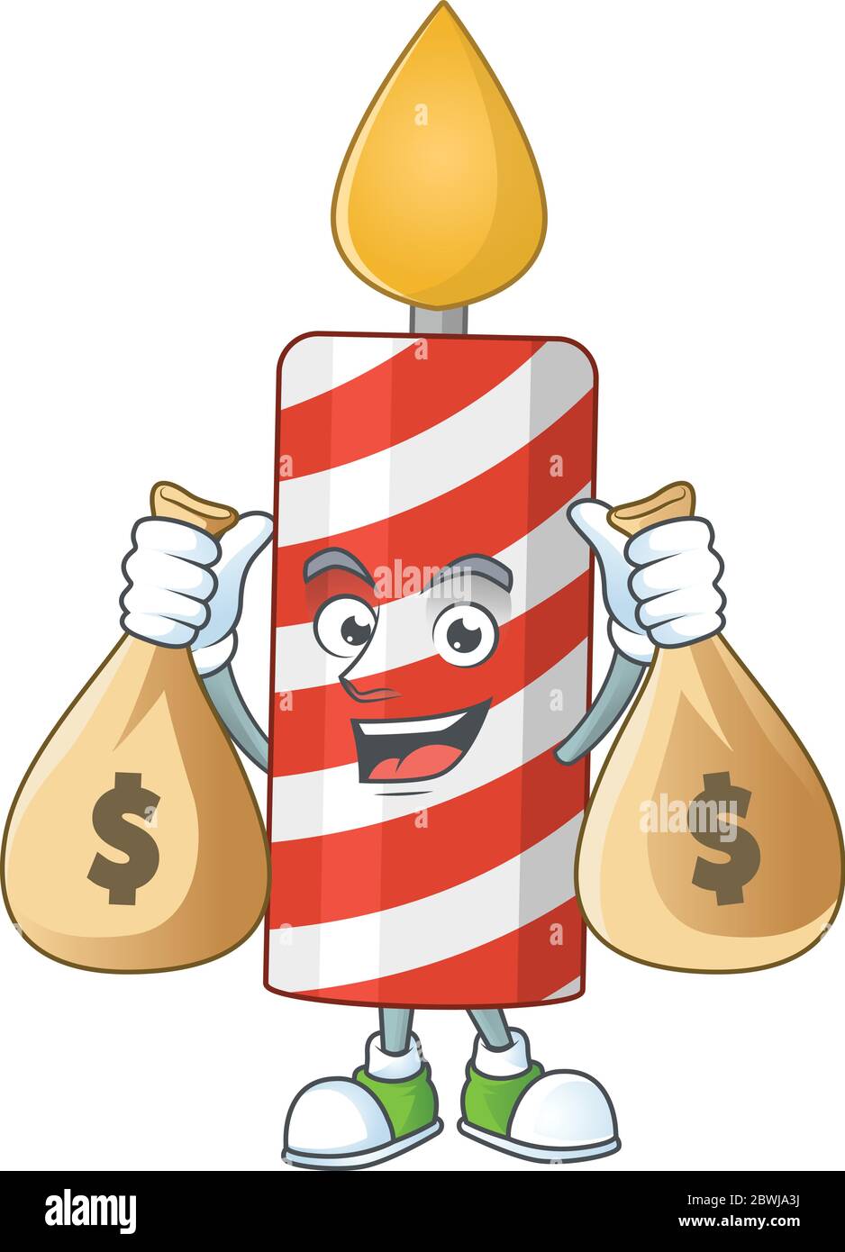 Un umile ricco disegno di carattere di caricatura della candela con i sacchetti di soldi Illustrazione Vettoriale
