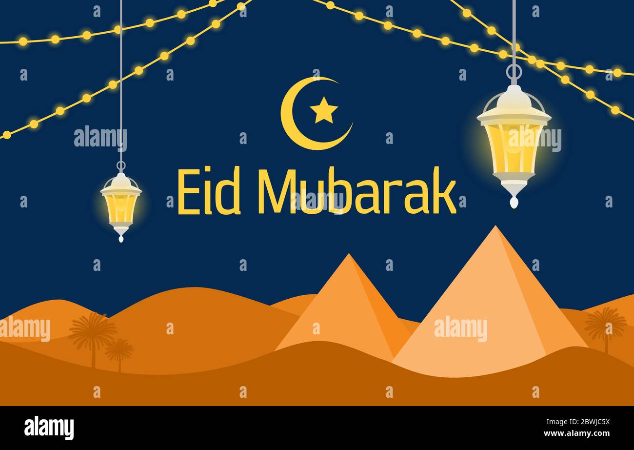 Deserto con Piramide Lanterna Luna Illustrazione Islamica di Eid Mubarak felice Illustrazione Vettoriale
