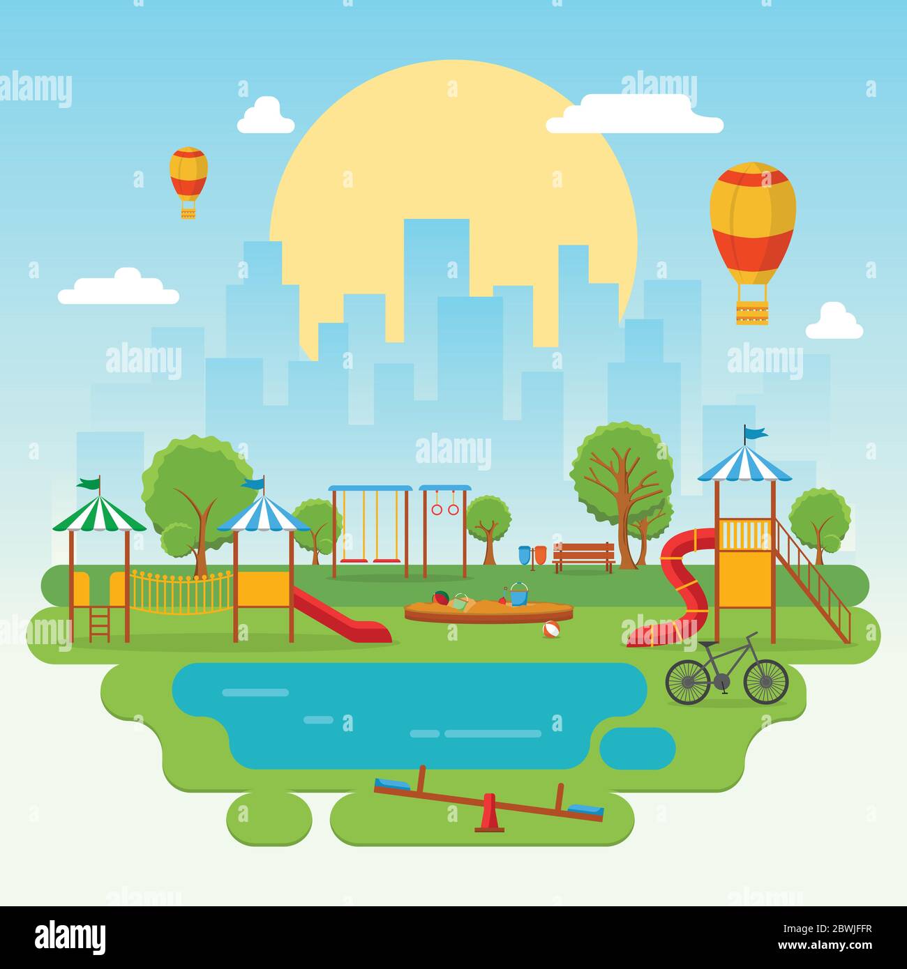 City Park in estate con Kid Playground attrezzatura da gioco Illustrazione Illustrazione Vettoriale