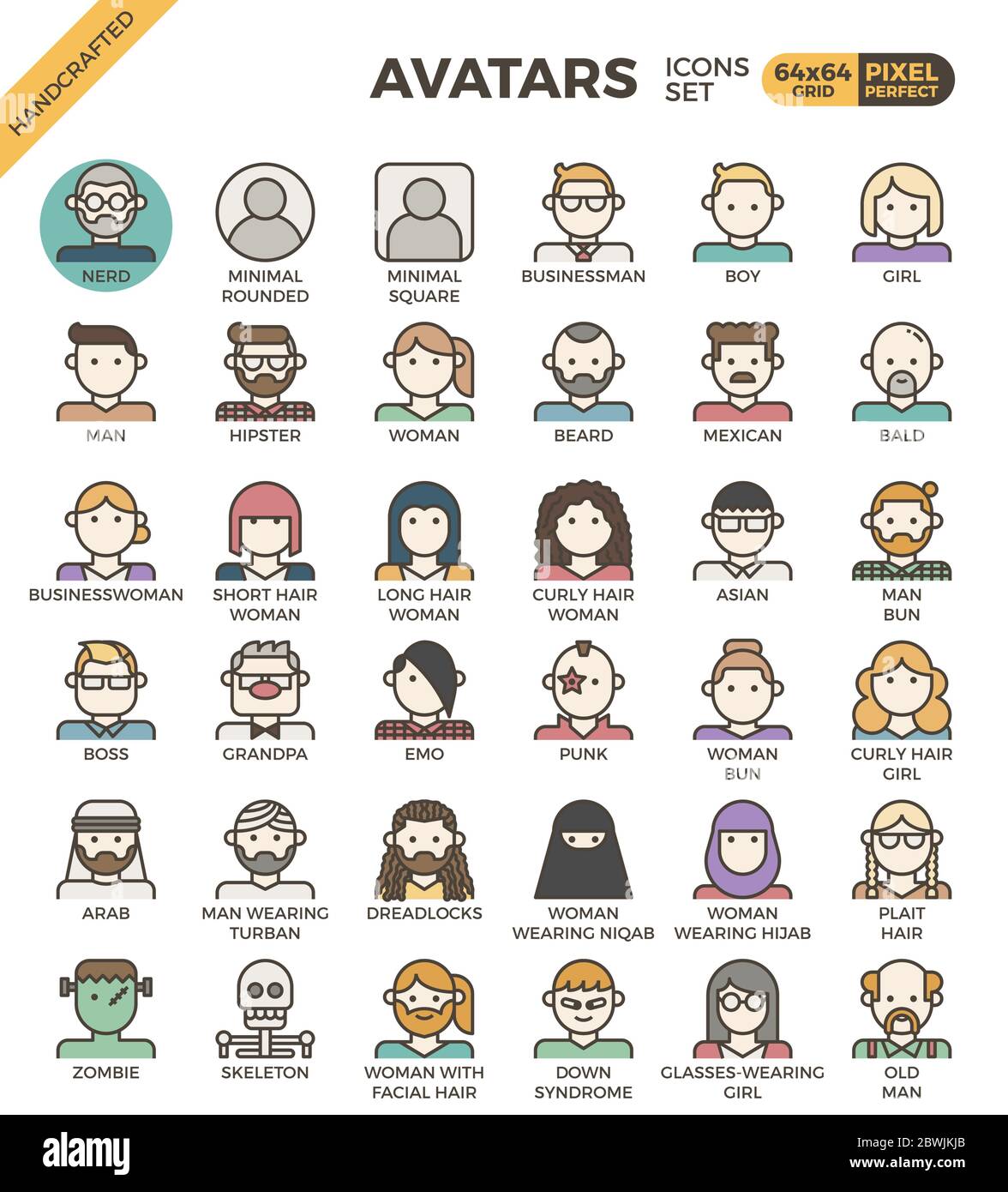 Diversità umana icone di linea avatar impostato in stile moderno icone di linea per ui, ux, sito web, web, app graphic design Illustrazione Vettoriale