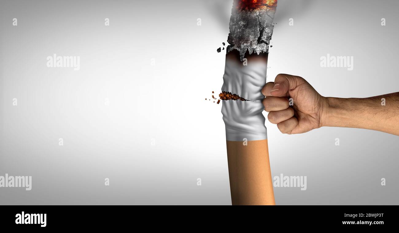 Concetto di smettere di fumare e rompere un fumo di sigaretta abitudine e schiacciare la dipendenza nicotene come un con elementi di illustrazione 3D. Foto Stock