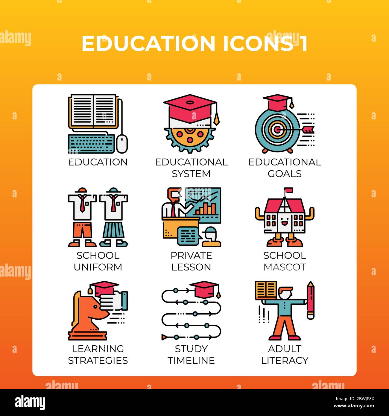 Icone di concetto Education impostate in stile moderno per interfaccia utente, ux, Web, design di app mobili, ecc. Illustrazione Vettoriale