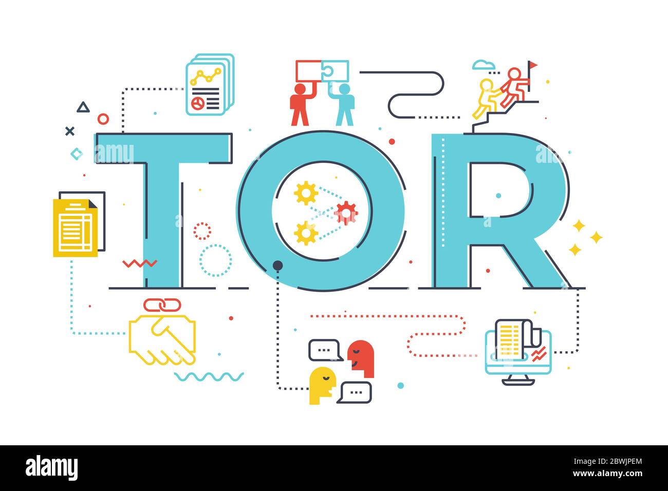 Illustrazione con lettere di TOR (termine di riferimento) con icone per banner Web, volantino, landing page, presentazione, copertina del libro, articolo, ecc. Illustrazione Vettoriale