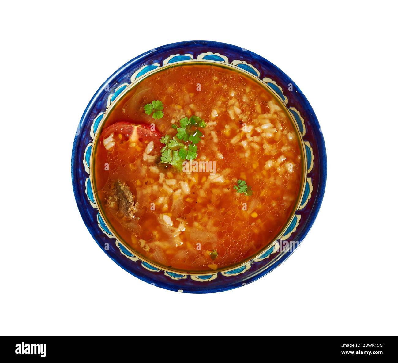 Chorba Frik - zuppa tradizionale, cucina algerina, piatti mediterranei assortiti tradizionali, vista dall'alto. Foto Stock