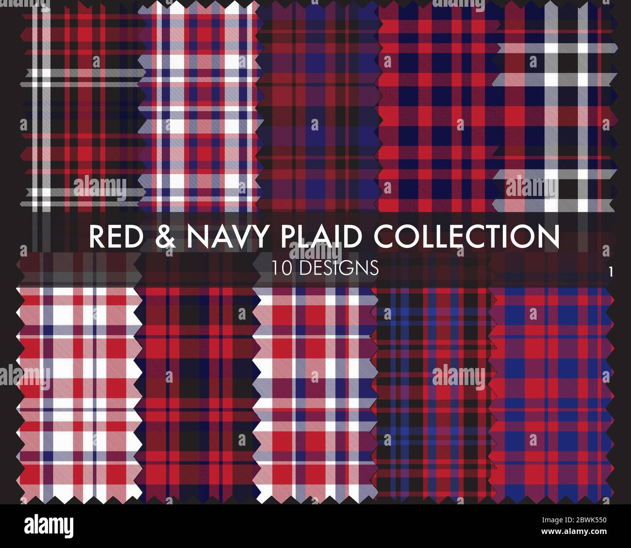 Red Navy Plaid Tartan Checkered Seamless Pattern Collection - Red Navy Plaid, tartan la collezione di motivi senza cuciture comprende 10 disegni Illustrazione Vettoriale