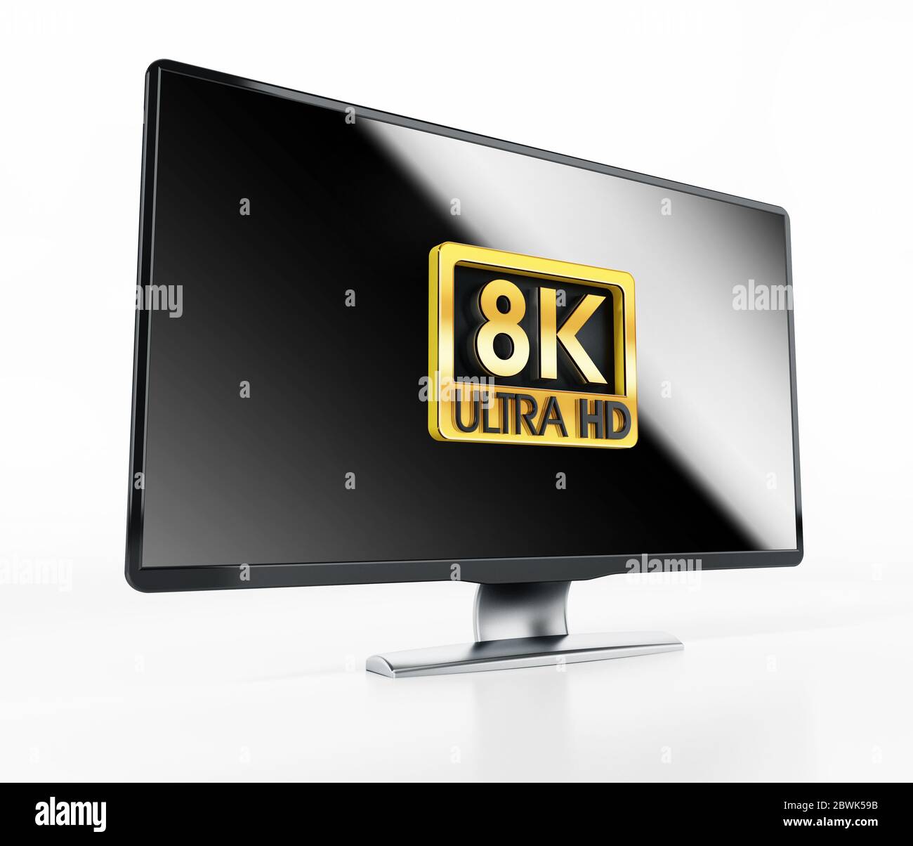 Etichetta Gold Ultra HD 8K su TV generico con riflessione. Illustrazione 3D. Foto Stock