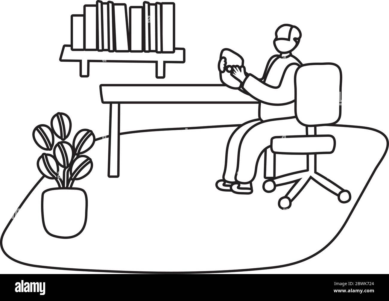 uomo anziano che usa un tablet in stile home activity Illustrazione Vettoriale
