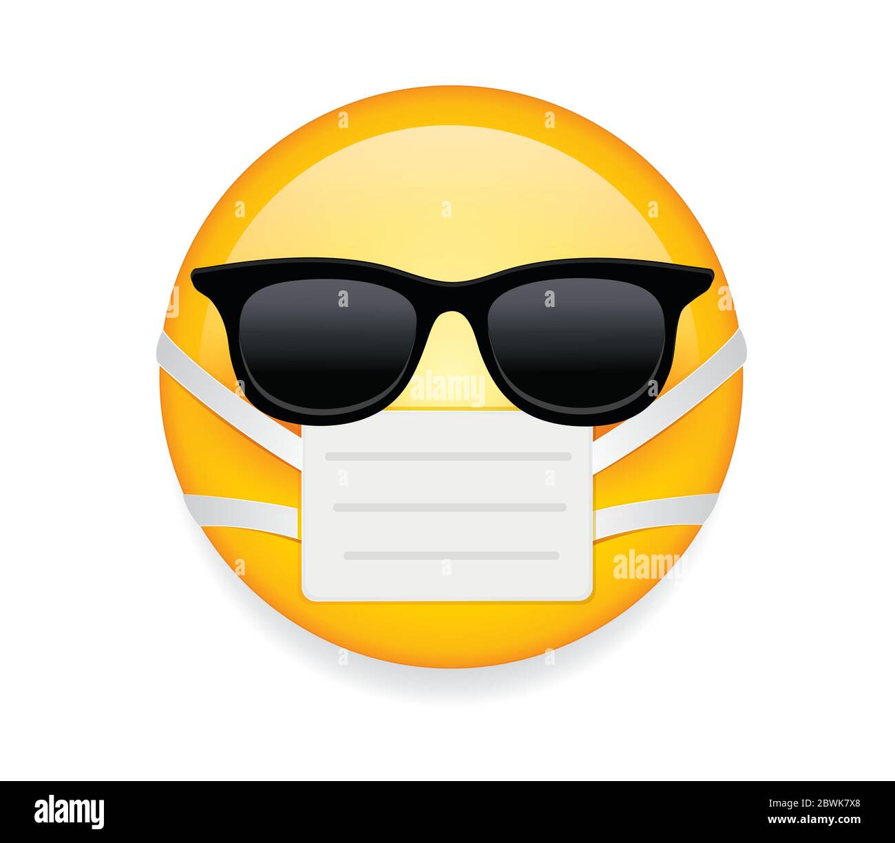 Emoticon di alta qualità su sfondo bianco. Emoji con occhiali da sole e maschera. Emoji giallo malato indossare occhiali da sole e maschera medica per proteggere dai germi. Illustrazione Vettoriale