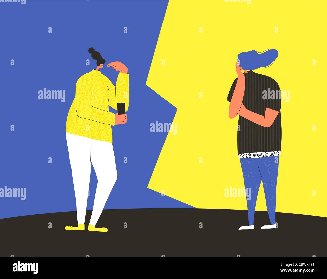 Pensare persone. Quiz. Donne adulte vs concetto. Coppia di persone durante la presentazione delle domande. Concetto di cava. Concorso tra amici. Colore piatto vettoriale illu Illustrazione Vettoriale