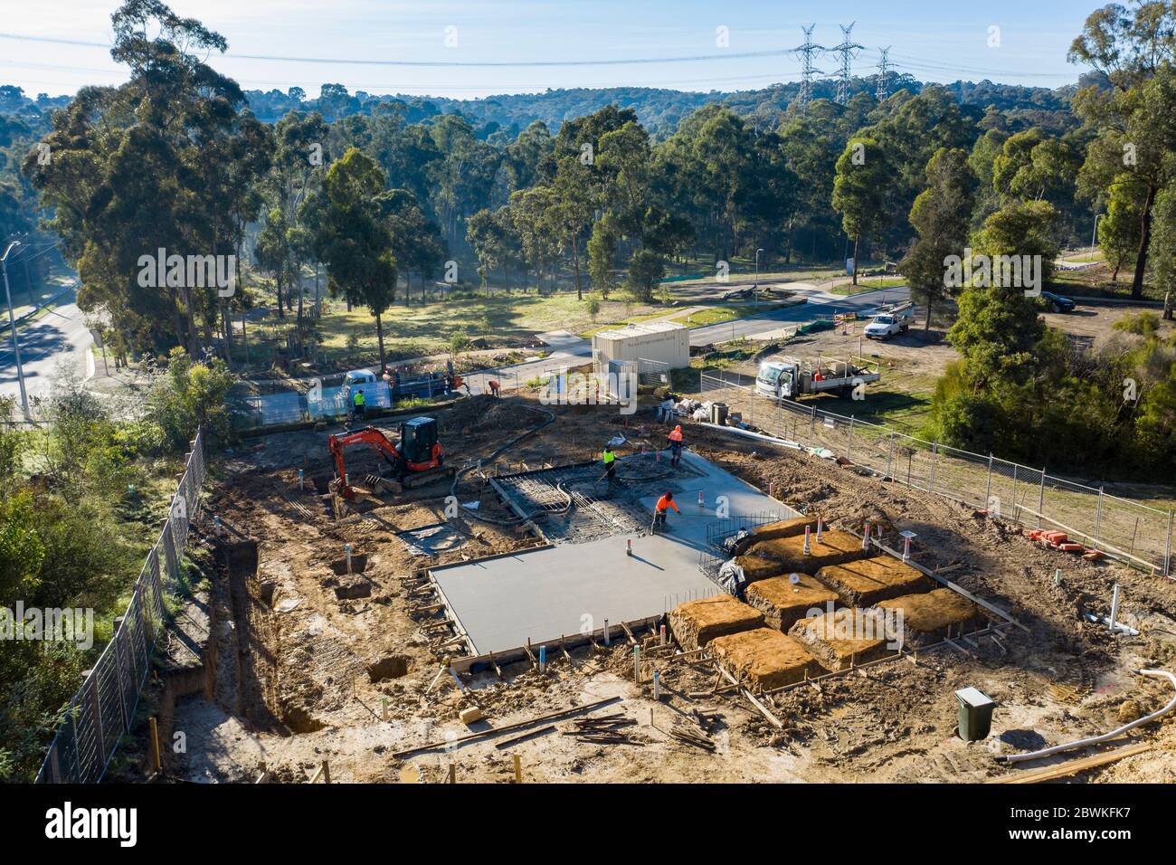 Melbourne Australia 4 Maggio 2020 : Vista aerea di un sito in fase di taglio e preparazione per una nuova casa costruita nel sobborgo di Melbourne di Donvale Foto Stock