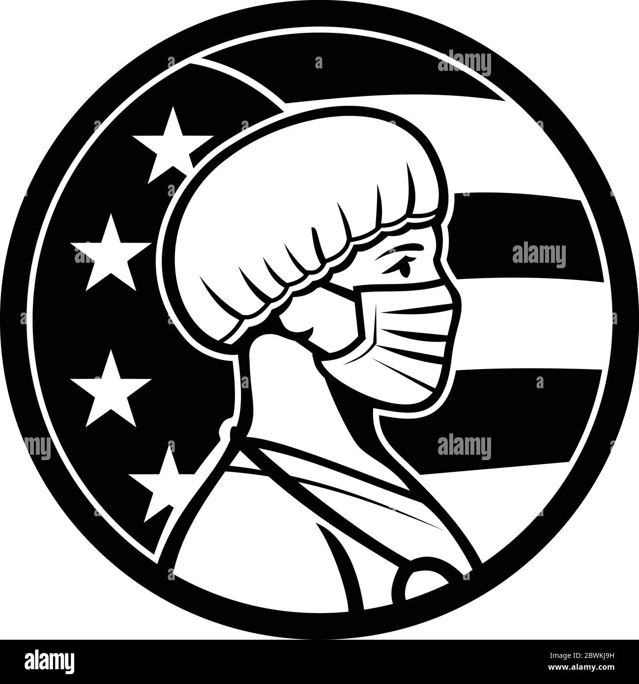 Illustrazione in bianco e nero di un'infermiera femminile americana, un medico, un medico, un operatore sanitario che indossa una maschera chirurgica e una sid con cappuccio protettivo Illustrazione Vettoriale