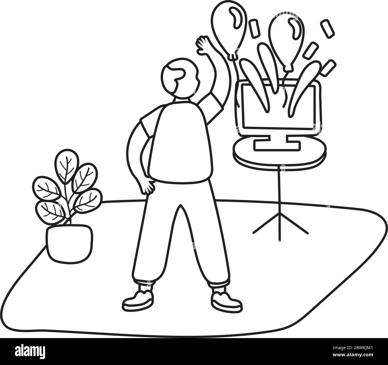 uomo anziano che celebra la festa in linea nello stile domestico di linea di attività Illustrazione Vettoriale