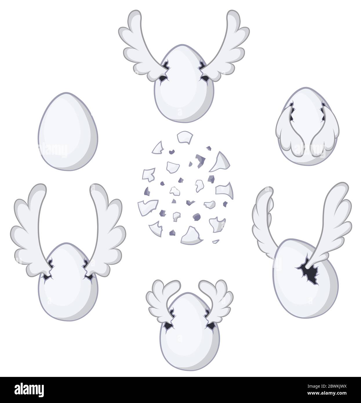 Uovo volante con ali, set di elementi di disegno cartoon, vettore isolato, orizzontale Illustrazione Vettoriale