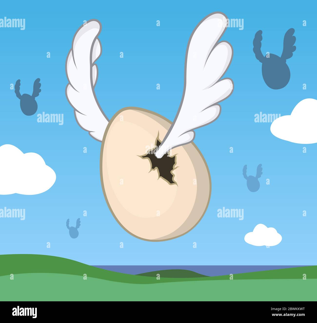 Uovo volante con ali, fumetto dispari fumoso grafico vettoriale colore, orizzontale Illustrazione Vettoriale