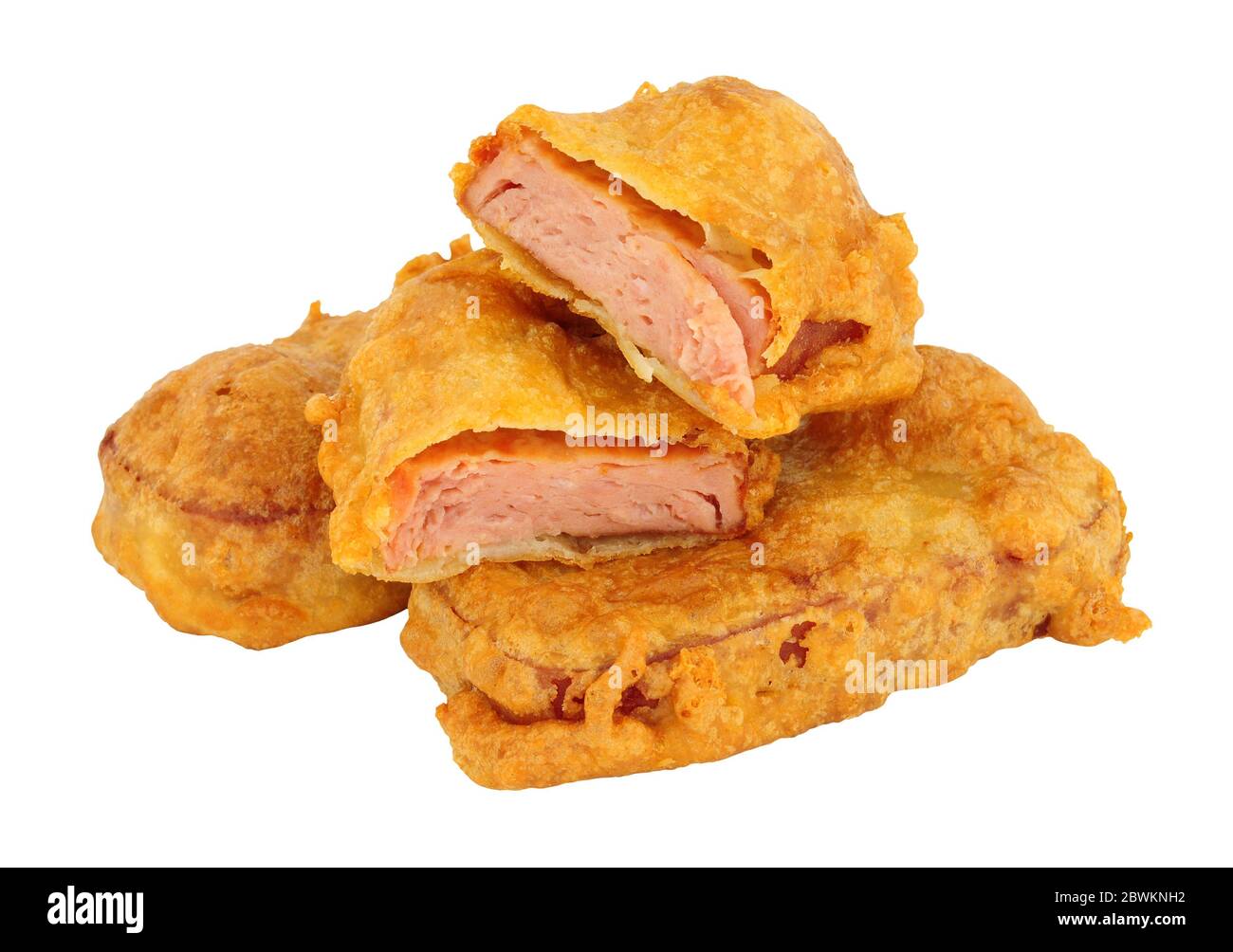 Pastella coperto fritto Spam pranzo frittelle di carne isolato su uno sfondo bianco Foto Stock