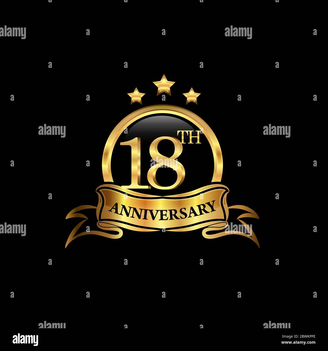 Festeggia il logo del 18° anniversario, con anelli d'oro e nastri di gradazione isolati su sfondo nero.EPS 10 Illustrazione Vettoriale