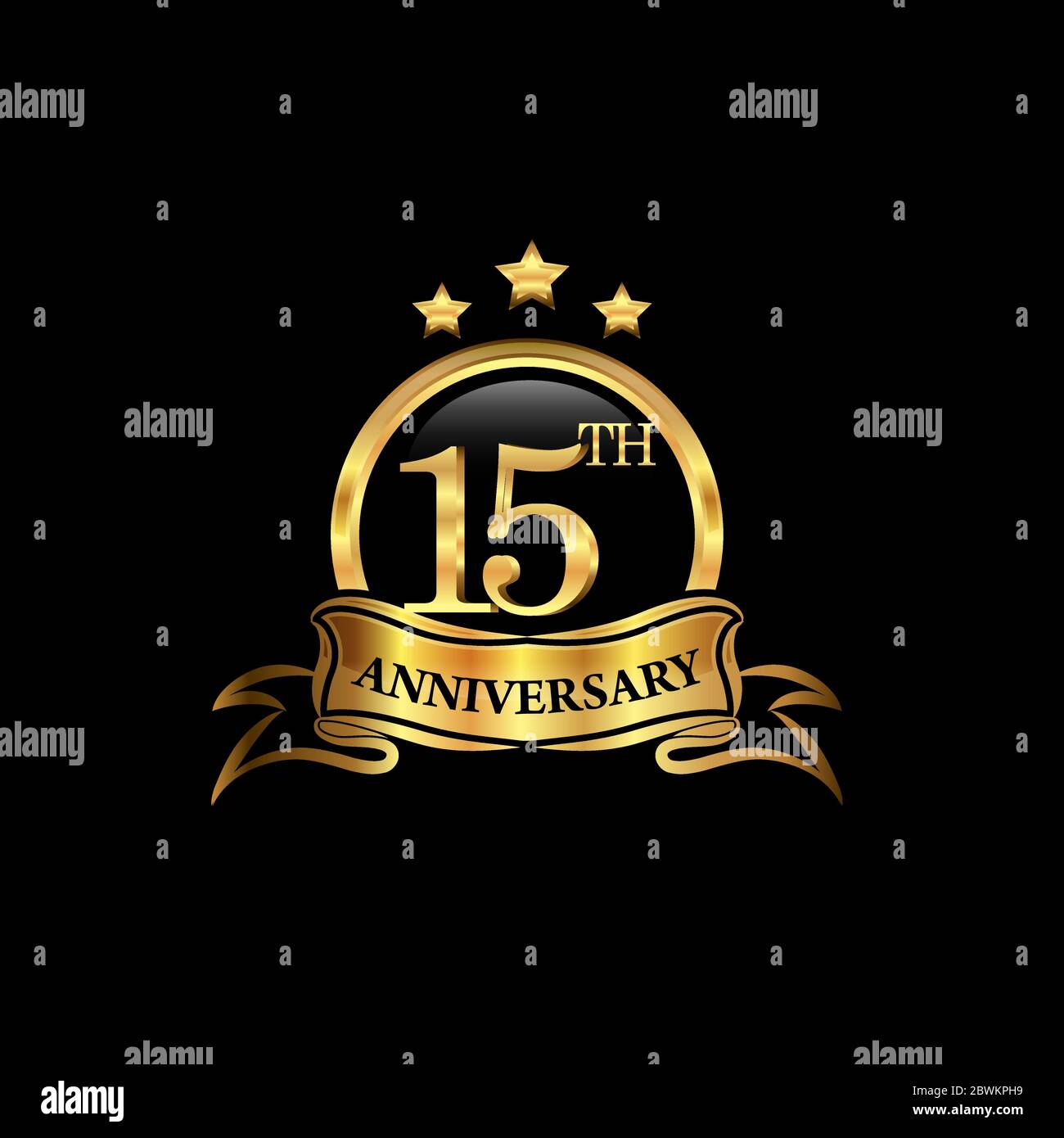 15° anniversario design logotipo colore dorato con anello e nastro d'oro per la celebrazione dell'anniversario. EPS10 Illustrazione Vettoriale