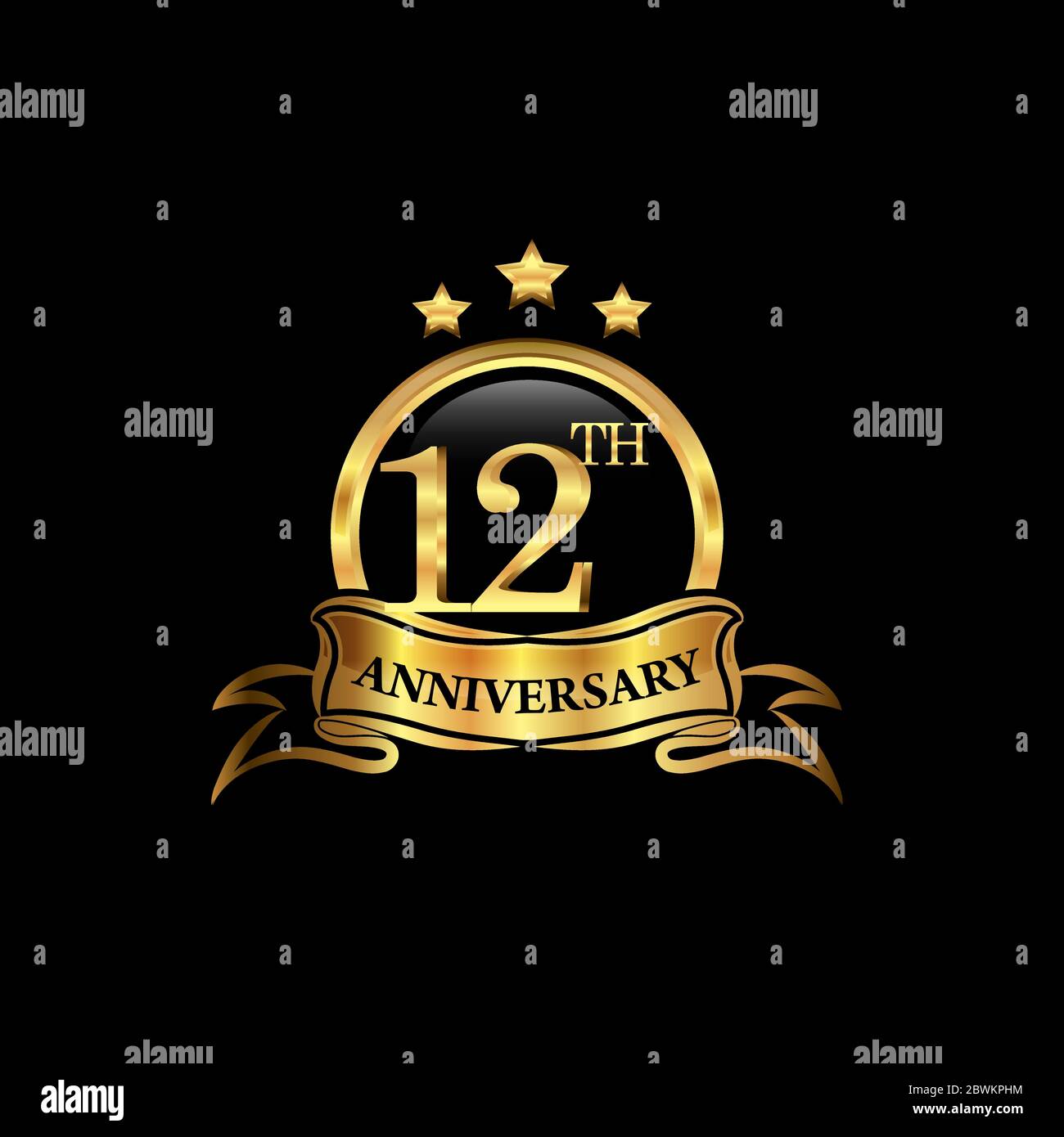 12esimo anniversario design logotipo colore dorato con anello e nastro d'oro per celebrazione anniversario. EPS10 Illustrazione Vettoriale