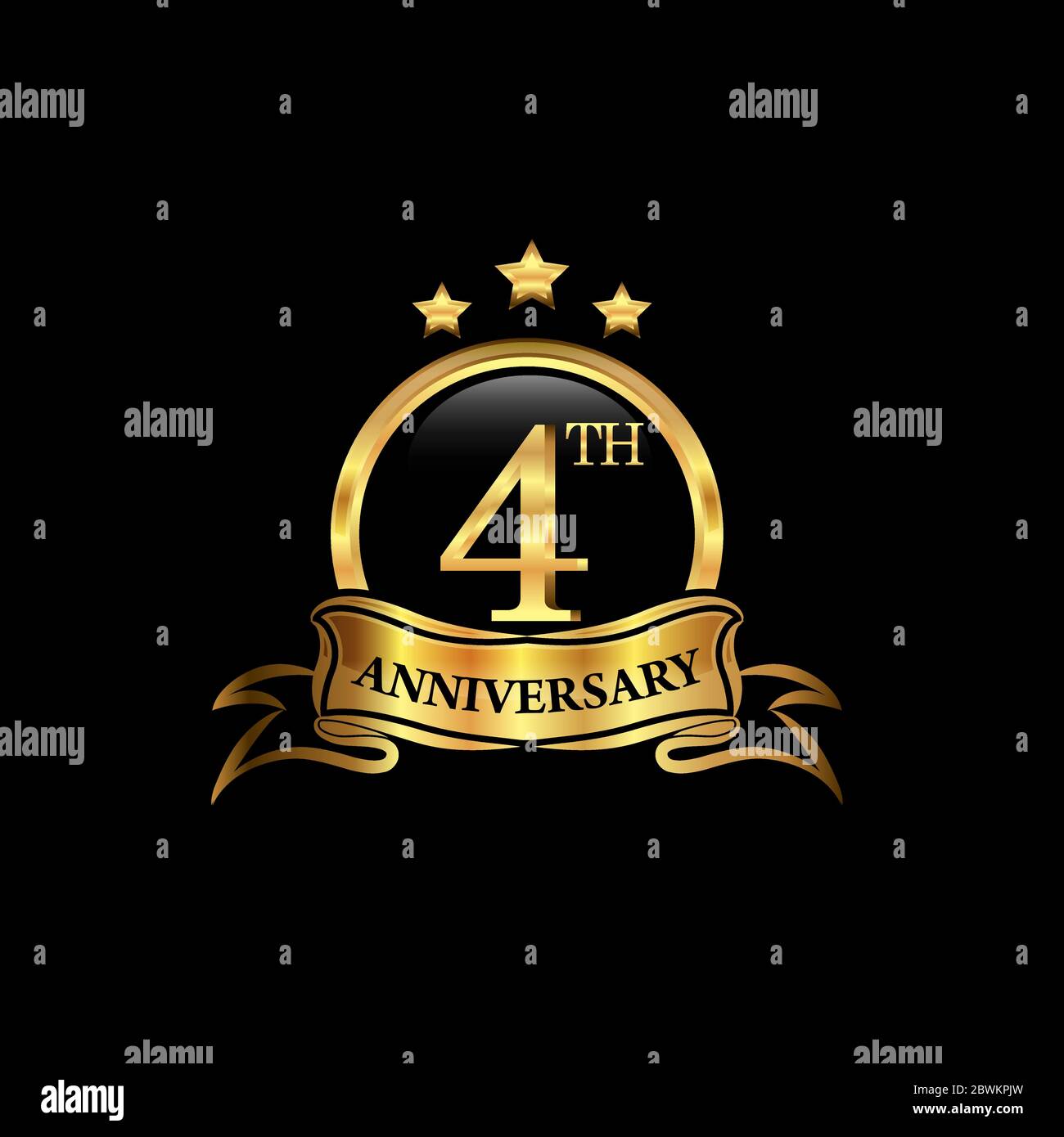 logo design del 4° anniversario colore dorato con anello e nastro d'oro per la celebrazione dell'anniversario. EPS10 Illustrazione Vettoriale