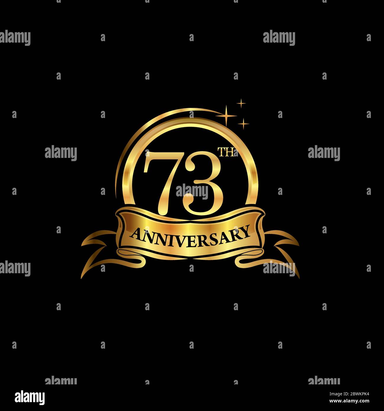logo di design del 73° anniversario colore dorato con anello e nastro d'oro per la celebrazione dell'anniversario. EPS10 Illustrazione Vettoriale