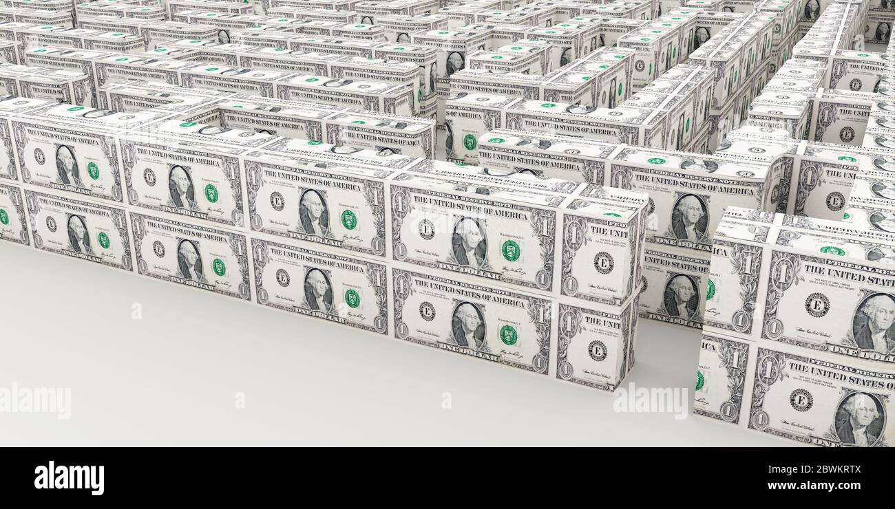 rendering 3d di un labirinto fatto da noi banconote in dollari isolato su bianco Foto Stock