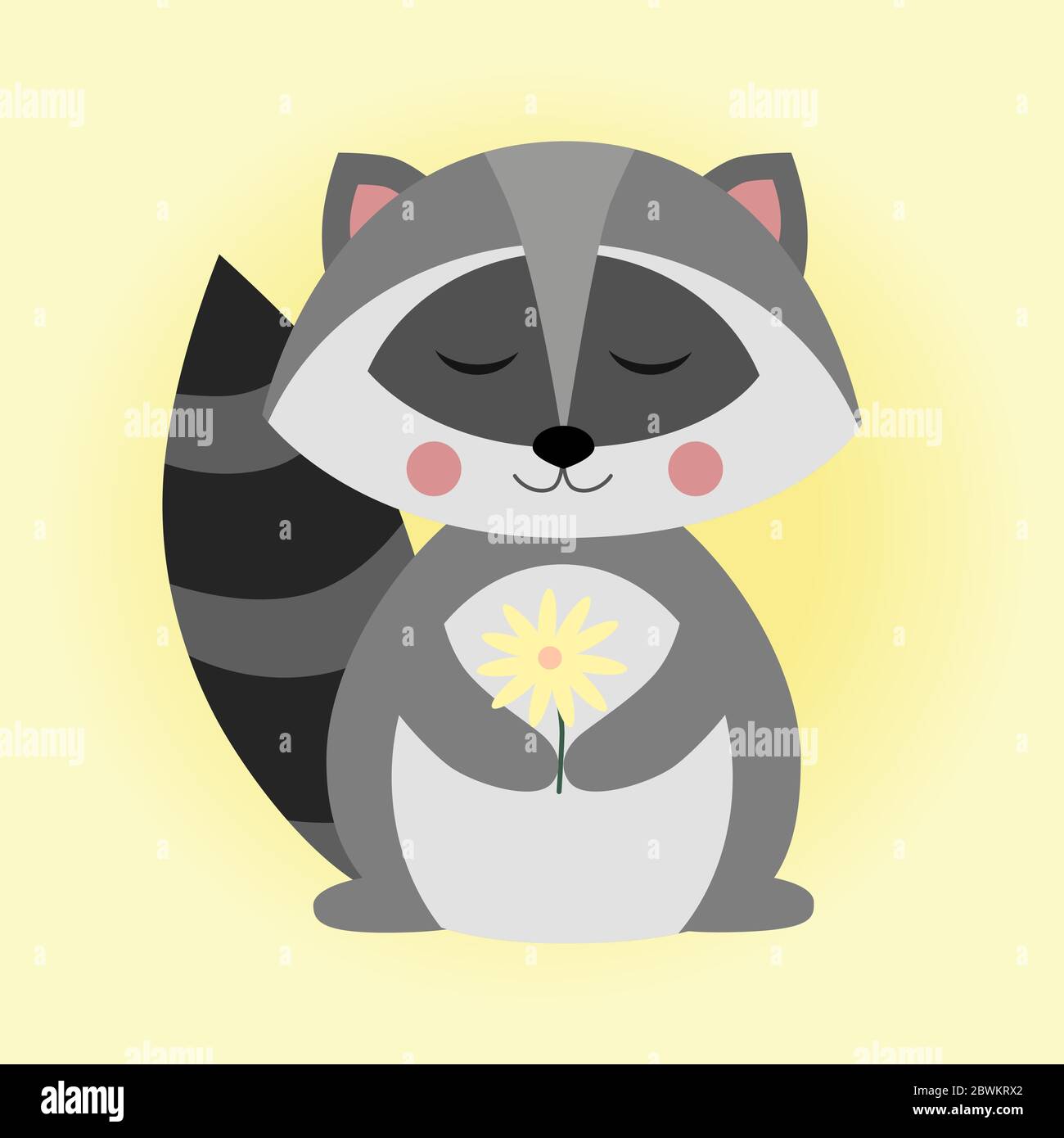 Simpatico raccoon. Procione nordamericano, mammifero nativo. Disegno animale di cartone animato. Immagine vettoriale piatta isolata su sfondo giallo. Abitanti della foresta. Illustrazione Vettoriale